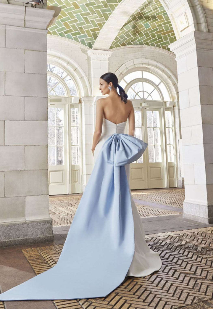 Luxury wedding dress with blue bow from designer Sareh Nouri in Estrelle Bridal Toronto.