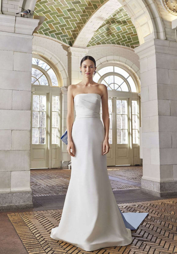 Strapless silk satin wedding dress from designer Sareh Nouri at Estrelle Bridal Toronto.
