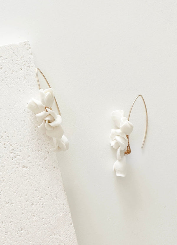 White flowers bridal earrings hand made by Vivi Embellish from UK now available in Toronto Canada